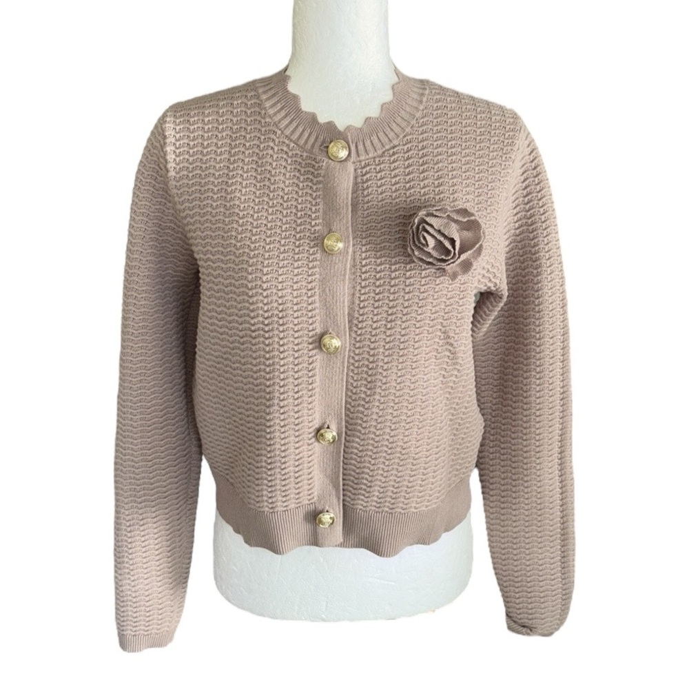 NWT Rachel Zoe Beige Mauve Gold Crest Button Front Rosette Cropped Cardigan - S
